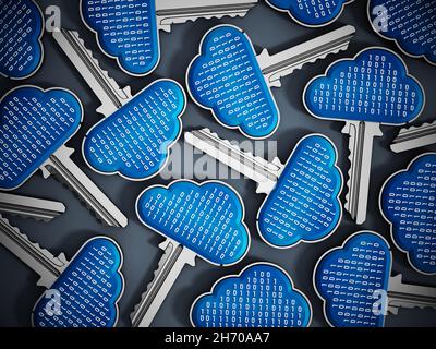 Metal keys with cloud shapes and binary codes on top. Cloud computing concept. 3D illustration. Stock Photo