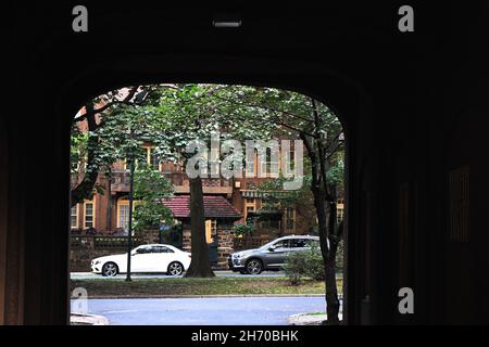 A GOOD PLACE: The Forest Hills Gardens affluent community features old European style architecture aesthetic to the eye and highly sought real estate. Stock Photo