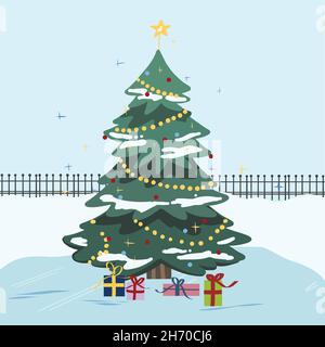 Decorated christmas tree with gift boxes, star, lights, decoration balls and lamps. Merry Christmas and a happy new year. Modern flats style vector il Stock Vector