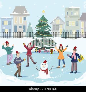 People celebrate on festive Christmas city street, park vector illustration. Cartoon urban cityscape with decorated houses, celebrating dancing people Stock Vector