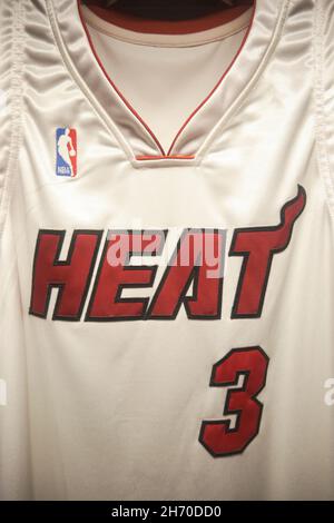 The Miami Heat number 3 jersey, shirt worn by shooting guard Dwyane Wade. At the NBA Basketball Hall Of Fame Museum. In Springfield, Massachusetts. Stock Photo