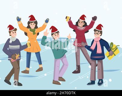 Group of Young People Characters Holding Wine Glasses with Beverages and Sparklers Celebrating Holiday, Dancing, exchanging gifts Drink Alcohol Cockta Stock Vector