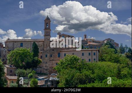 Montepulciano, Tuscany, Italy. August 2020. View of the historic center, recognizable the bell tower of the church of Sant'Agostino. Beautiful summer Stock Photo