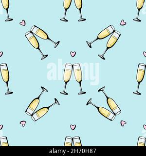 Glasses of champagne seamless doodle pattern. Cheers vector illustration on blue background. Valentines day greeting card, anniversary celebration poster Stock Vector