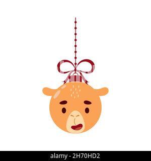 Merry Christmas and new year ball with cute camel. Cartoon winter holidays animal bauble. Vector stock illustration Stock Vector