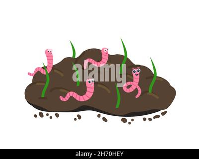 Young grass growing in the ground and Earthworms. Worm and young green plant. Stock Vector