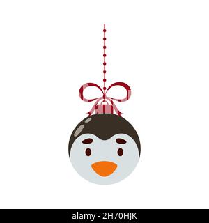 Merry Christmas and new year ball with cute penguin. Cartoon winter holidays animal bauble. Vector stock illustration Stock Vector