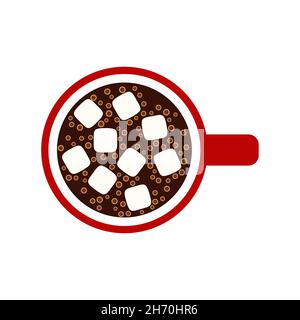 Cup with drink and marshmallow view top. Flat style. Design for greeting card, banner, poster. Vector illustration. Stock Vector
