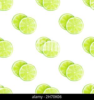 Green limes and lime slices repeat seamless pattern on white background. Stock Photo