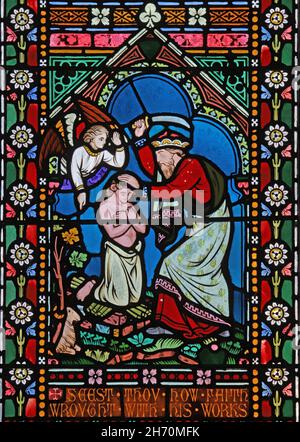 A stained glass window by Frederick Preedy depicting Abraham sacrificing Isaac, St Lawrence Church, Weston-Sub-Edge, Gloucestershire Stock Photo