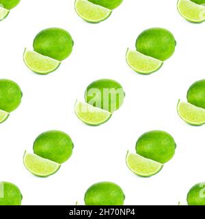 Green limes and lime slices repeat seamless pattern on white background. Stock Photo