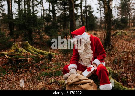 Man wearing Santa costume sitting in forest Stock Photo