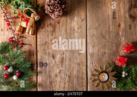 Christmas decorations on wooden background Stock Photo