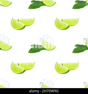 Green limes and lime slices repeat seamless pattern on white background. Stock Photo