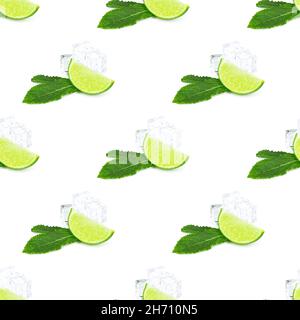 Green limes and lime slices repeat seamless pattern on white background. Stock Photo