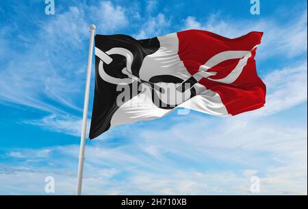 flag of Black Country  at cloudy sky background on sunset. panoramic view. united kingdom of great Britain, England. copy space for wide banner. 3d il Stock Photo