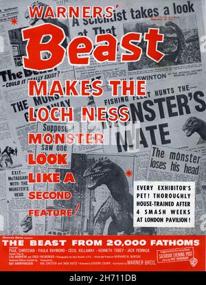 British Trade Advert for THE BEAST FROM 20,000 FATHOMS 1953 director EUGENE LOURIE suggested by the Saturday Evening Post story The Fog Horn by RAY BRADBURY technical effects created by RAY HARRYHAUSEN Jack Dietz Productions / Warner Bros. Stock Photo