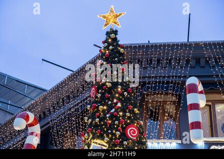 christmas background. New year concept. Christmas decorations on pine tree Stock Photo