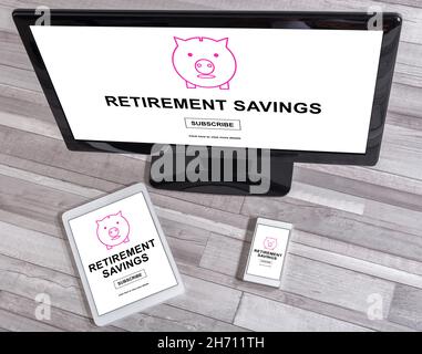 Retirement savings concept shown on different information technology devices Stock Photo