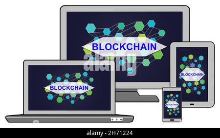 Blockchain concept shown on different information technology devices Stock Photo