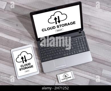 Cloud storage concept shown on different information technology devices Stock Photo