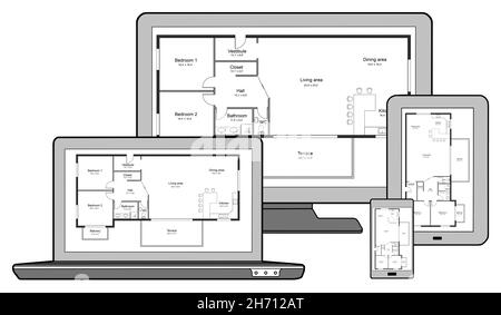 Apartment plan concept on different devices, isolated on white Stock Photo