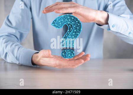 Question mark. 3d abstract on dark background with dots and stars. Ask symbol. Help support, faq problem symbol, think education concept, confusion se Stock Photo