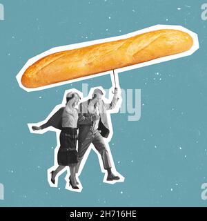 Contemporary art collage joyful young couple, man and woman walking under rain with baguette, bread umbrella isolated over blue background Stock Photo