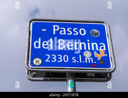 Berninapass, Switzerland - September 29, 2021: The Bernina Pass - Passo del Bernina is an alpine pass in the Swiss canton of Graubunden Stock Photo