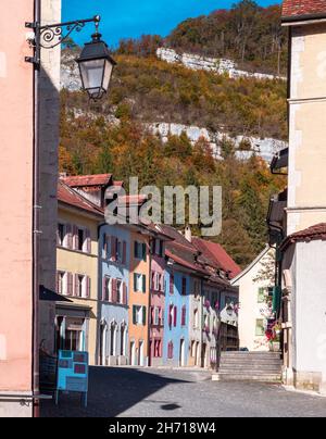 Saint Ursanne, Switzerland - October 19, 2021: Picturesque old town of Saint Ursanne in the swiss canton of Jura in autumn Stock Photo