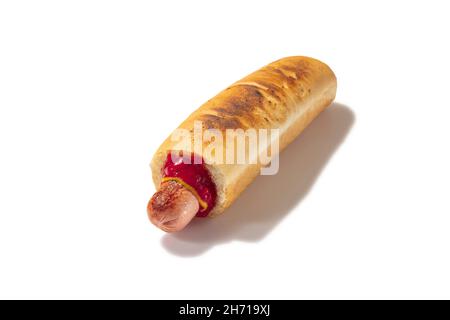 Studio shot of delicious hot dog with fried sausage and tomatoe sauce. American culture. Concept of worldwide national cuisines Stock Photo