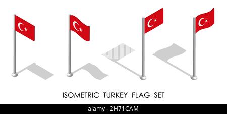 isometric flag of Republic of TURKEY in static position and in motion on flagpole. 3d vector Stock Vector