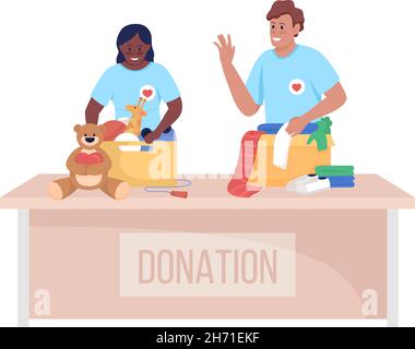 Volunteers with charity boxes semi flat color vector character Stock Vector