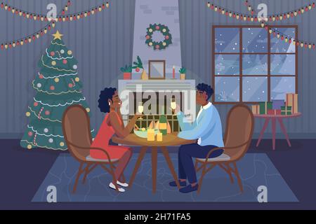 Romantic Christmas dinner flat color vector illustration Stock Vector