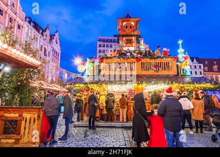 Wroclaw, Poland - December 2019:  Famous Christmas Market of Europe, winter traveling background. Stock Photo