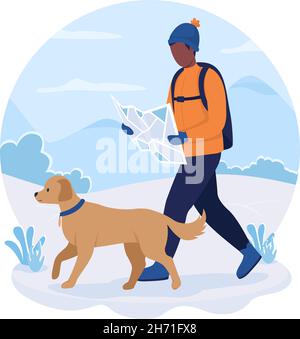 Man on hiking route 2D vector isolated illustration Stock Vector