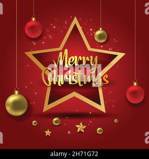 merry Christmas greetings, hanging Christmas balls and writing letter on star. vector illustration design Stock Vector
