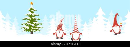 eps vector illustration with christmas gnomes with different characters for christmas and winter time concepts, snowy woodland with firs and one chris Stock Vector