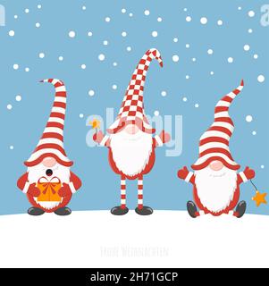 eps vector illustration with christmas gnomes having different characters for xmas and winter time concepts, falling snow flakes on blue colored backg Stock Vector