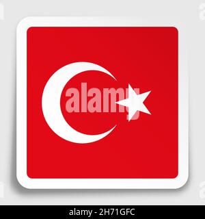 Turkish Republic flag icon on paper square sticker with shadow. Button for mobile application or web. Vector Stock Vector