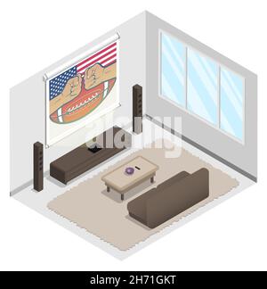 Isometric living room. Home theater with speakers and projector screen. Premium home cinema equipment. Realistic 3D vector isolated on white backgroun Stock Vector
