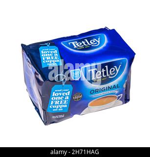 Norwich, Norfolk, UK – November 15 2021. A packet of Tetley tea bags cut out isolated on a plain white background Stock Photo