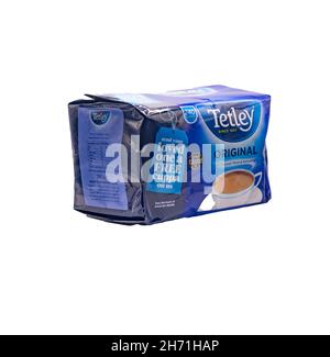 Norwich, Norfolk, UK – November 15 2021. A packet of Tetley tea bags cut out isolated on a plain white background Stock Photo