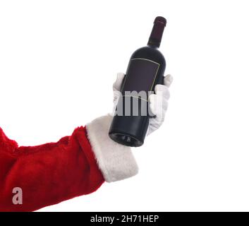Santa Claus holding a bottle of red wine. Hand and sleeve only, isolated on white. Stock Photo