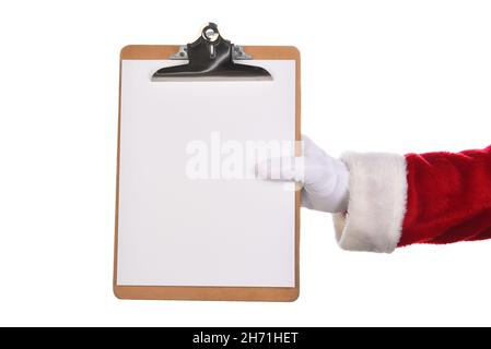 Santa Claus holding a clipboard with a blank sheet f paper. Hand and sleeve only, isolated on white. Stock Photo