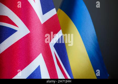 Close up of flags of Great Britain and Ukraine. Stock Photo