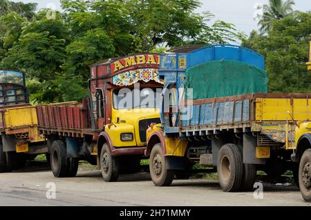 Brightly painted and decorated colourful Indian trucks parked at Kochin, Kerala, India Stock Photo
