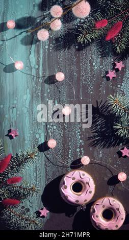 Pink donuts and other Christmas decorations on dark abstract background. Xmas lights , ball garland, pink stars and sparkling heart shape, fir twigs. Stock Photo
