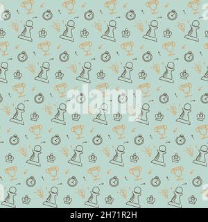 Seamless pattern with chess pieces and cups. Texture with different elements in doodle style. Stock Vector