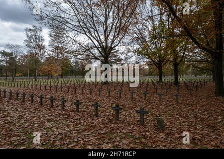 Lommel, Belgium - October 31, 2021: The largest German War Cemetery (Kriegsgraberstatte) and memorial site in Western Europe. Limburg Province. Autumn Stock Photo